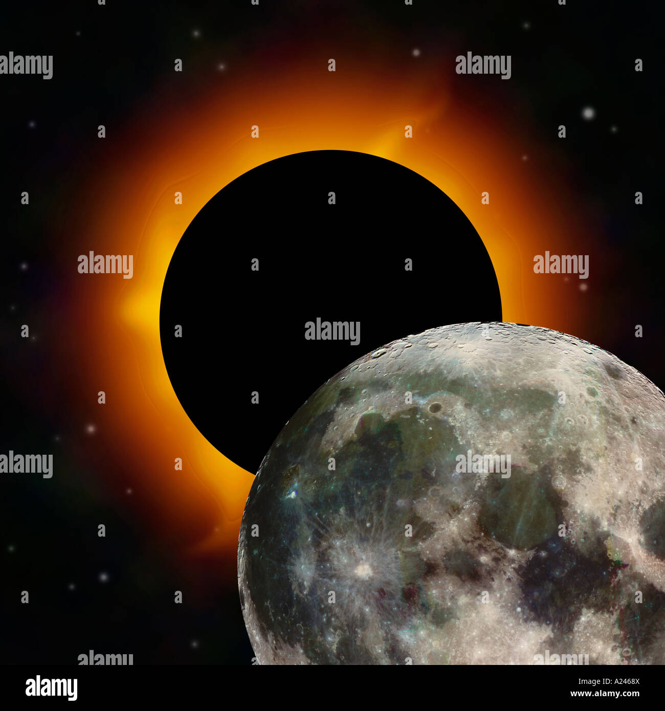 A solar eclipse in space with moon in foreground Could also represent a black hole Stock Photo