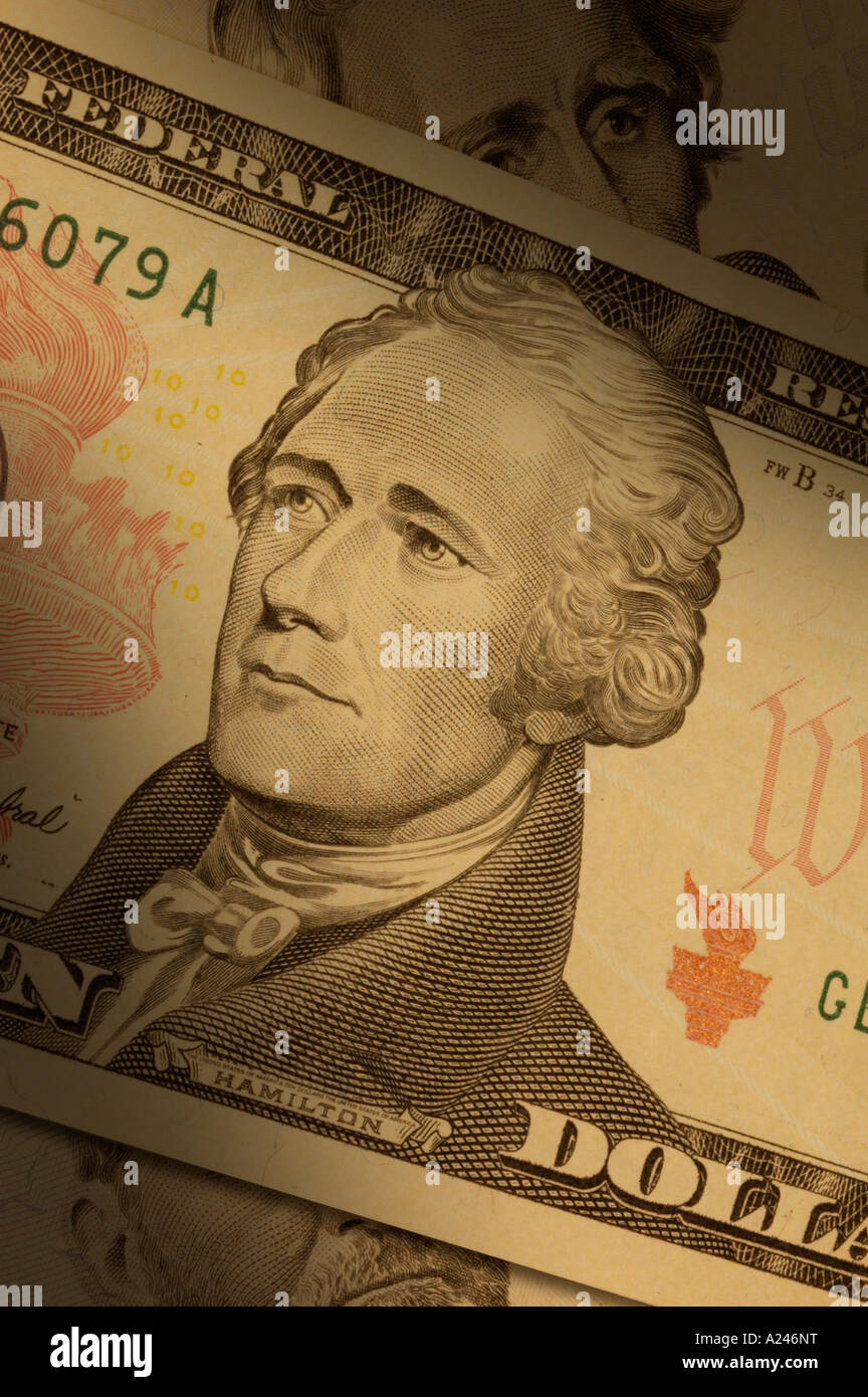 Close up of a ten dollar bill highlighting Alexander Hamilton Stock