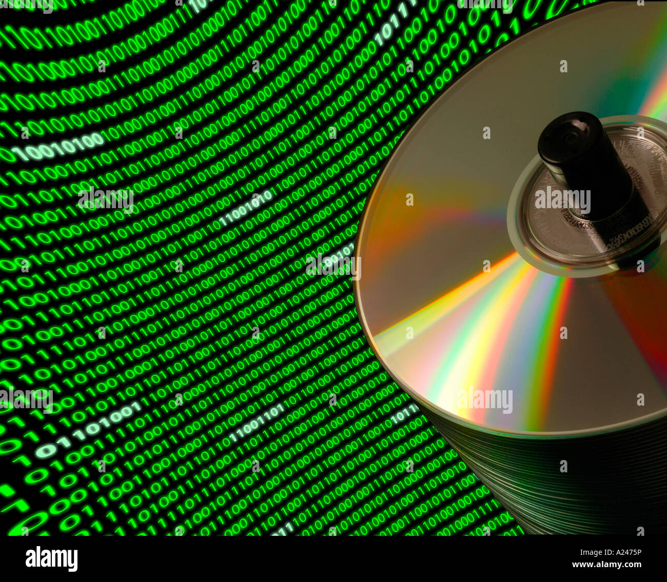 Close up of a stack of CD DVD disks on a Dutch angle with a curved field of  binary code Stock Photo - Alamy