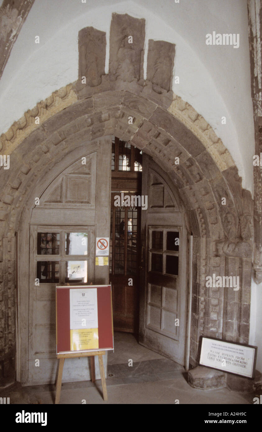 St David s City Pembrokeshire Wales Cymru UK Cathedral Entrance carved doorway with carved keystone  Stock Photo