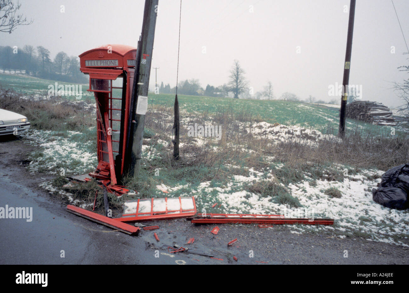 Near Wroughton Wiltshire England Telephone Box Kiosk Destroyed by car