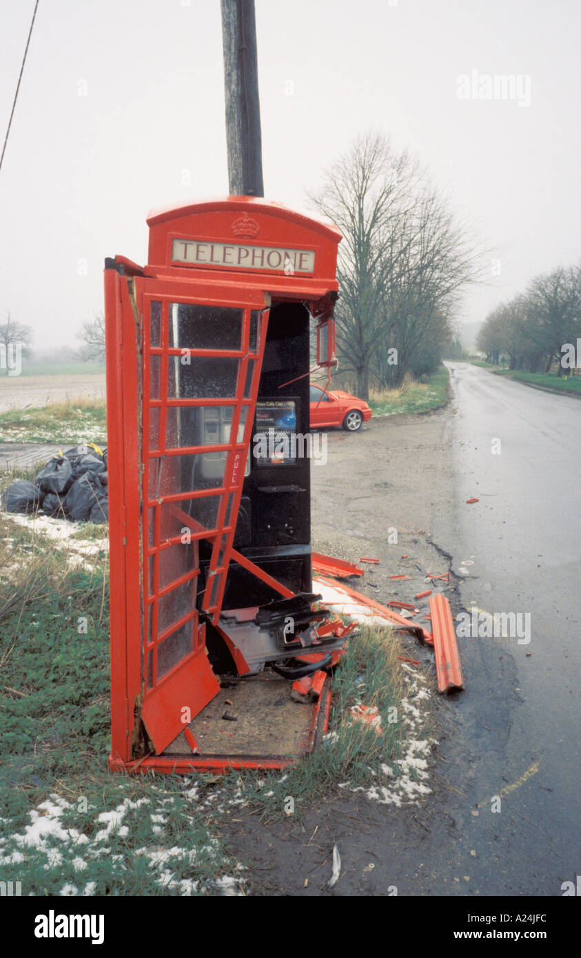 Near Wroughton Wiltshire England Telephone Box Kiosk Destroyed by car automobile in road traffic accident Stock Photo