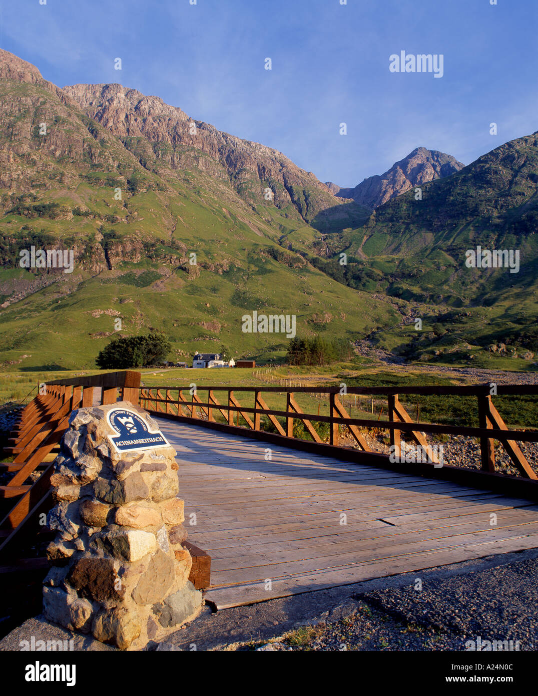 View of the farm house Achnambeithach below Bidean nam Bian, Glen Coe, Lochaber, Highland, Scotland, UK. Stock Photo