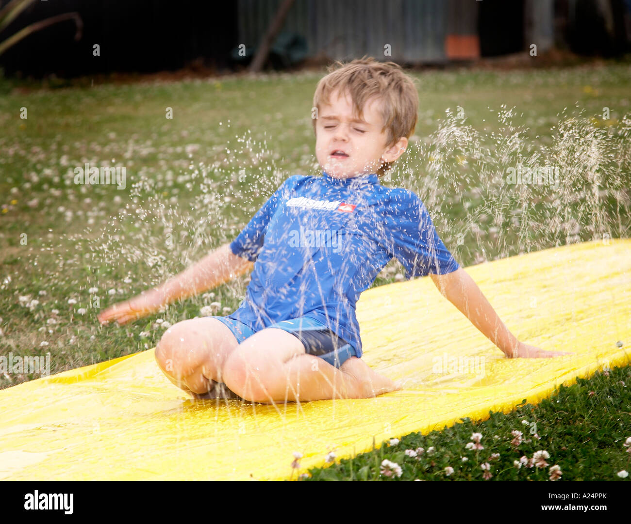 boy in rash suit sliding down water slide in garden Stock Photo Alamy