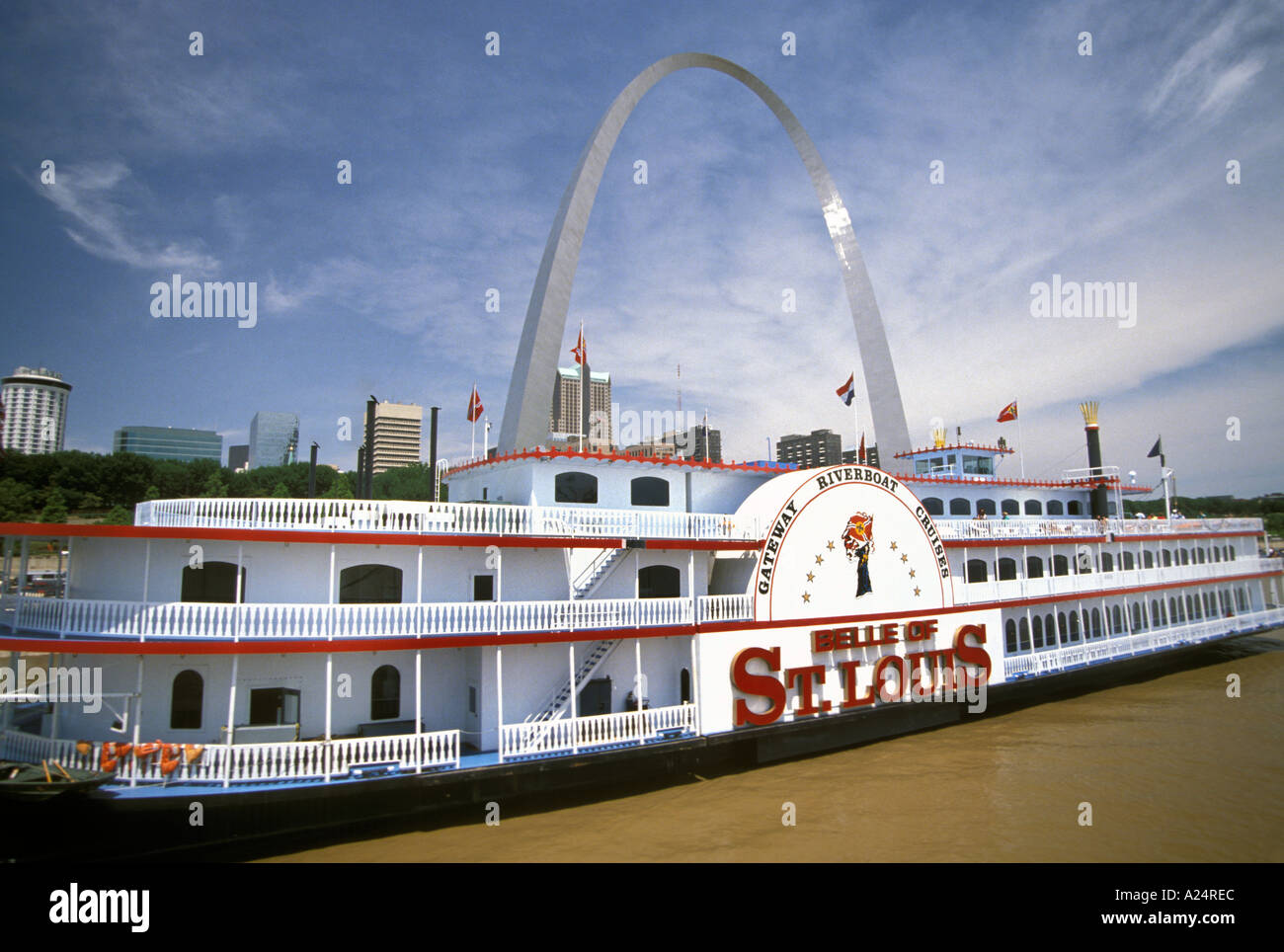 The steam powered paddle boat Belle of St Louis is moored in from of