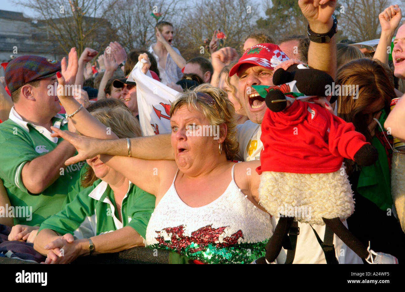 Female Welsh rugby fans celebrate Wales winning an international match in Cardiff South Wales UK Stock Photo