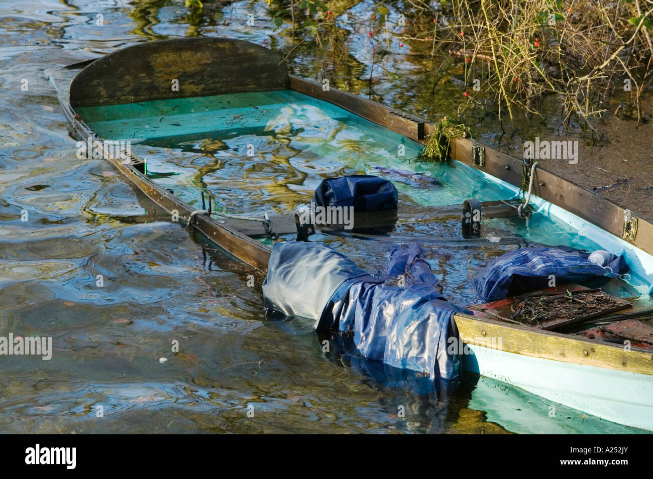 A boat sunk by a storm on Lake Windermere, Lake district, UK Stock