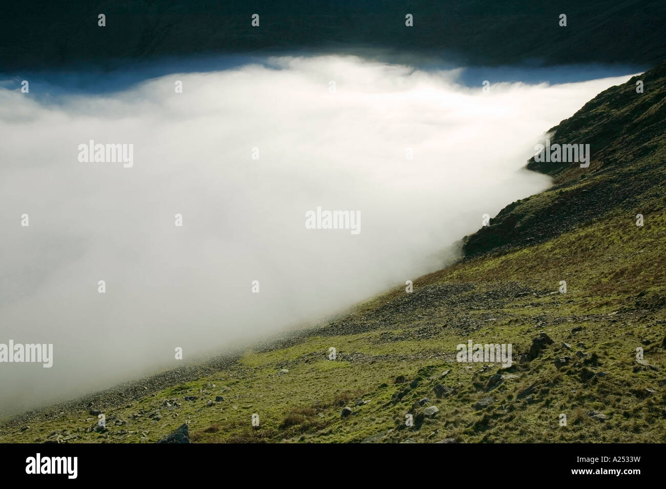 Cloud from a temperature inversion below Wetherlam, Lake district, UK ...