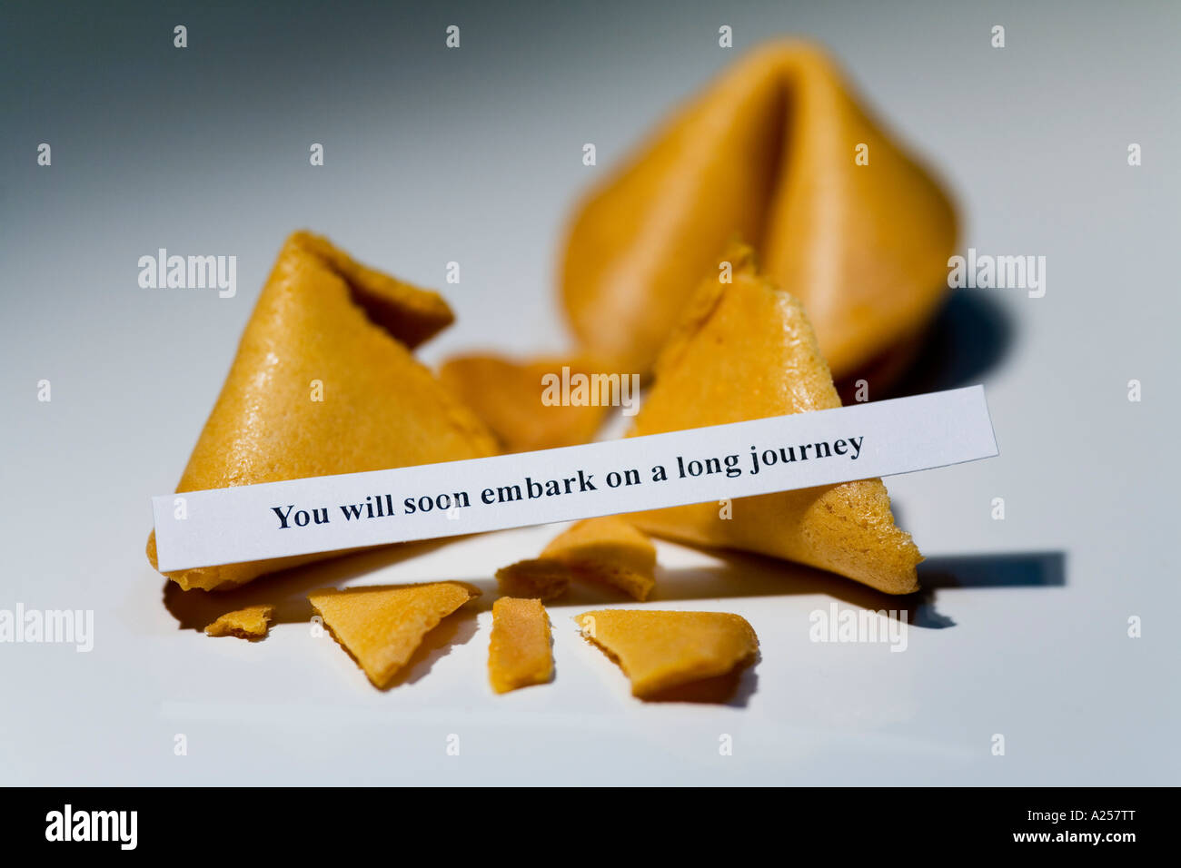 Fortune cookies with message reading you will soon embark on a long journey Stock Photo