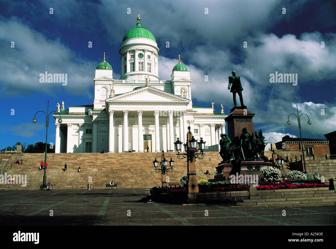 STATUE AND CATHEDRAL WITH GREEN DOMES HELSINKI FINLAND Stock Photo - Alamy