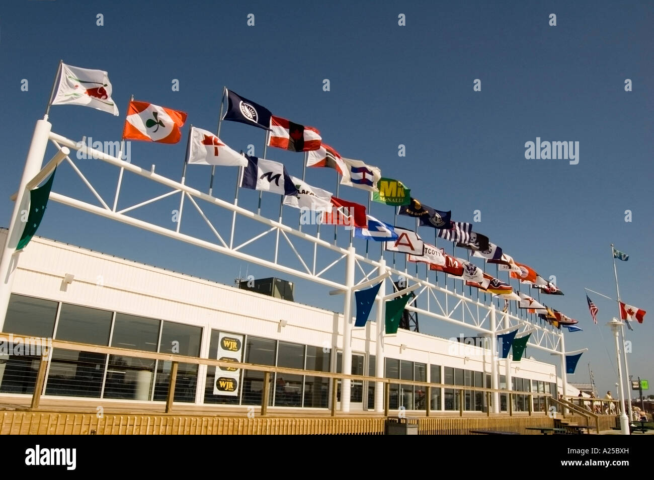 Flags of the world in front of Vantage Point downtown Port Huron MI Stock Photo