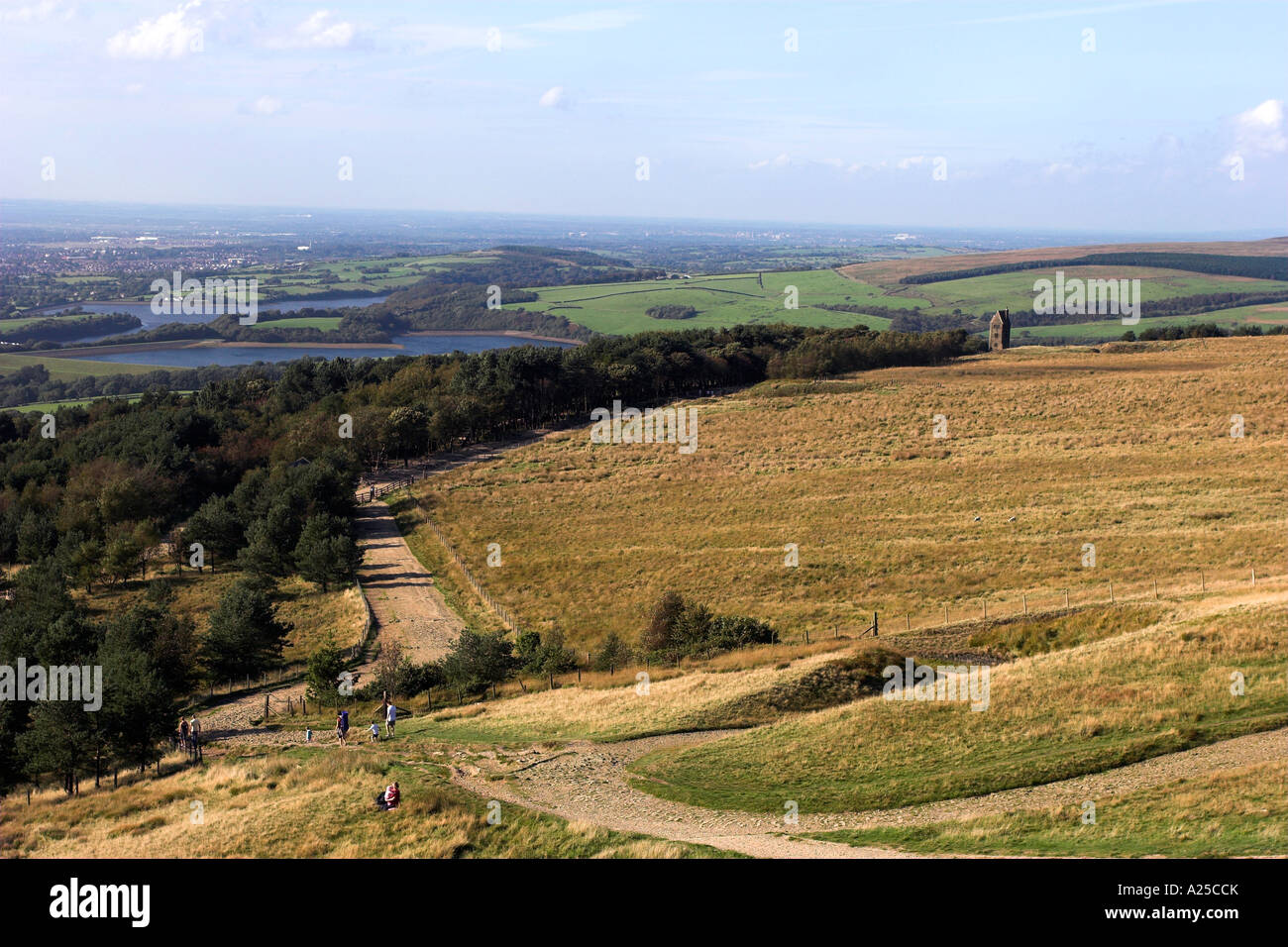 View from the top of Rivinton Pike over Anglezarke and upper Rivington reservoirs towards Chorley Stock Photo