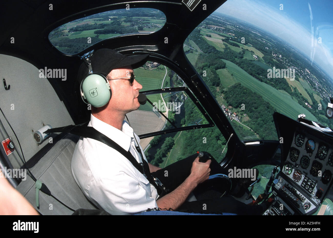 helicopter pilote, with fisheye, Germany, North Rhine-Westphalia Stock Photo
