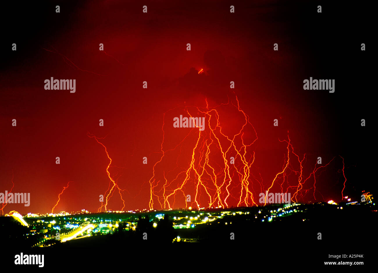 Download this stock image: lightning striking ground during thunder <b>storm</b> j...