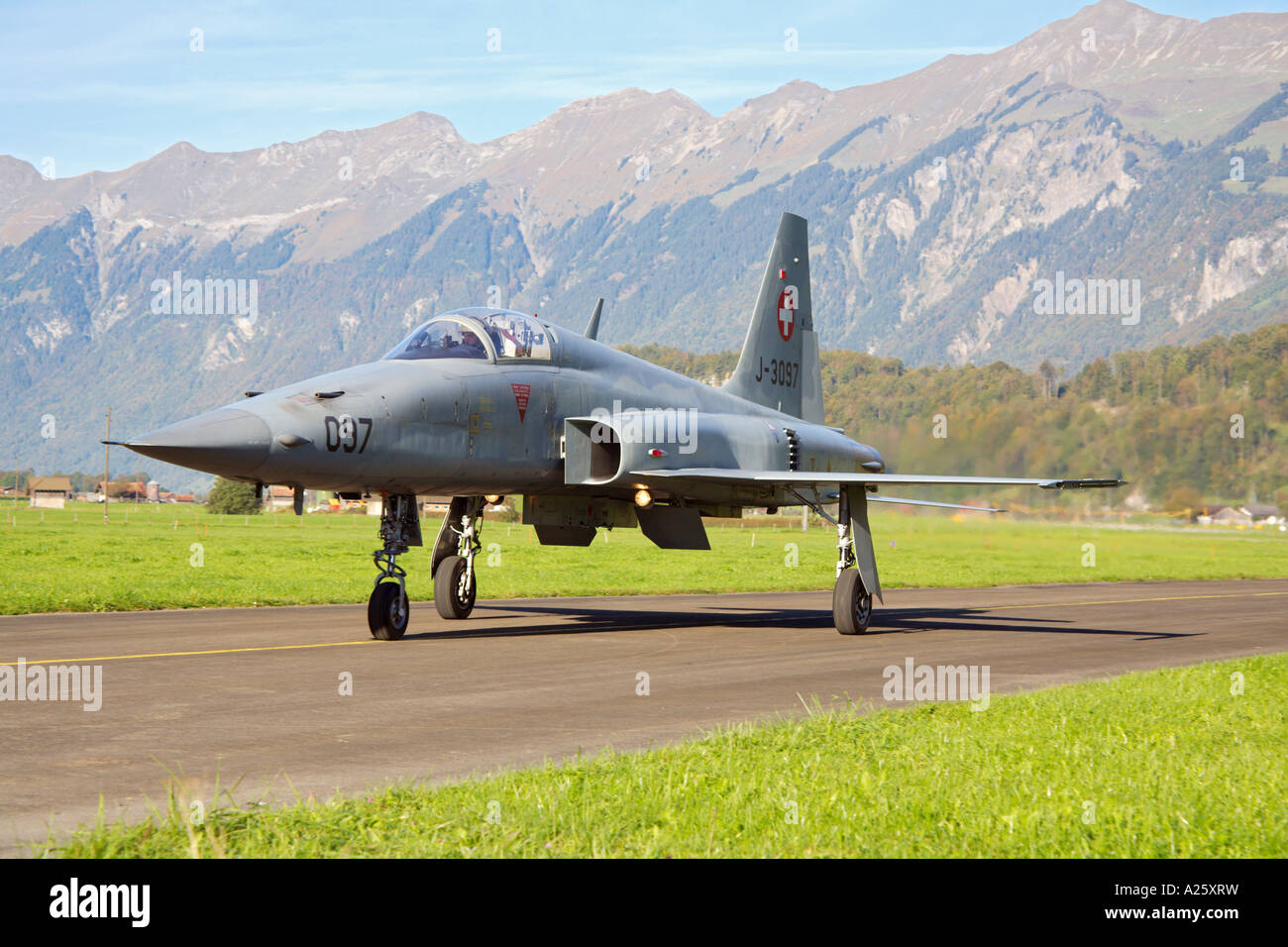 A Swiss Air Force F 5 Tiger II Fighter jet at Meiringen air base Stock Photo