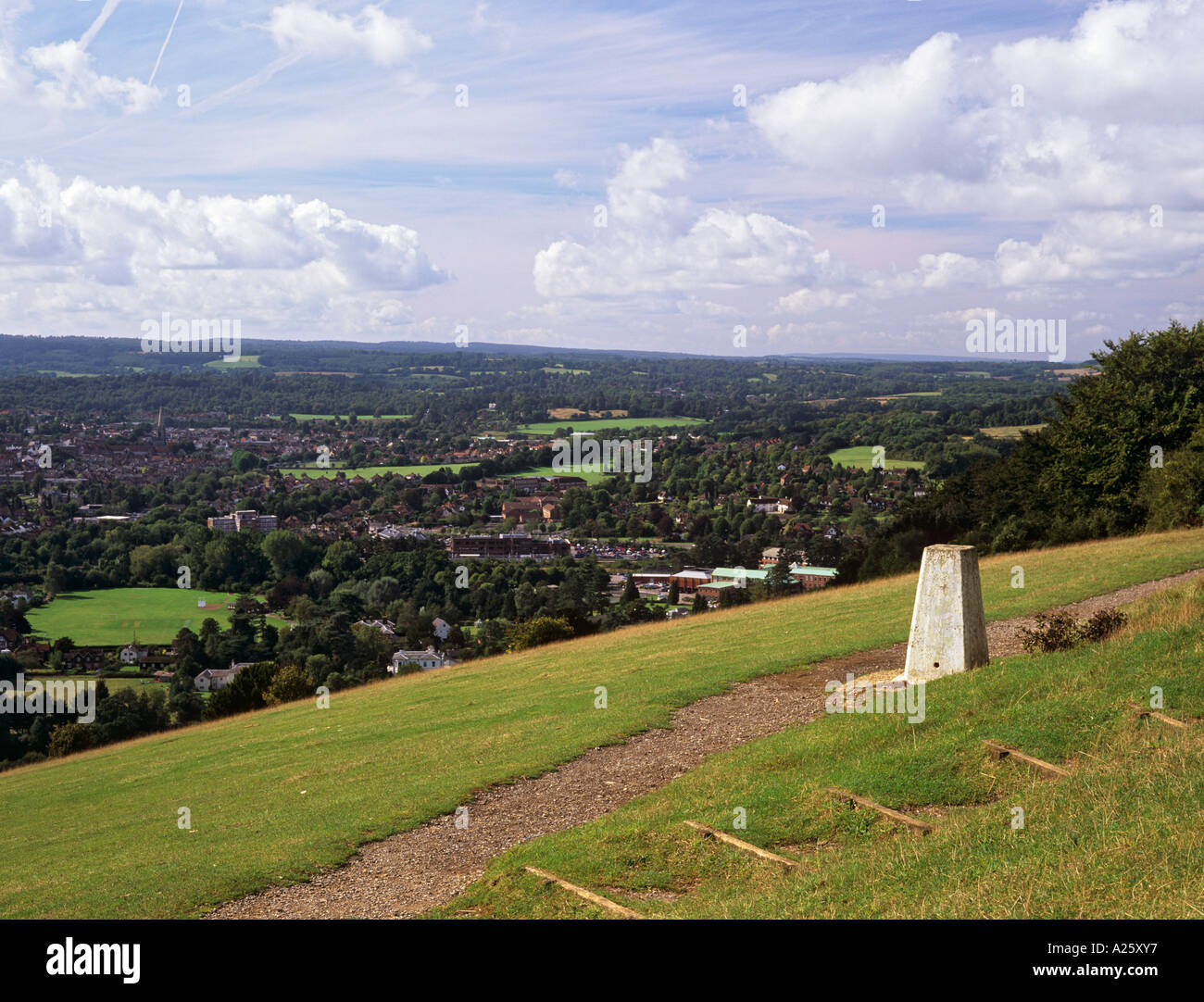 TRIANGULATION POINT on BOX HILL in North Downs with Dorking town in Mole valley below.  Dorking Surrey England UK Britain Stock Photo