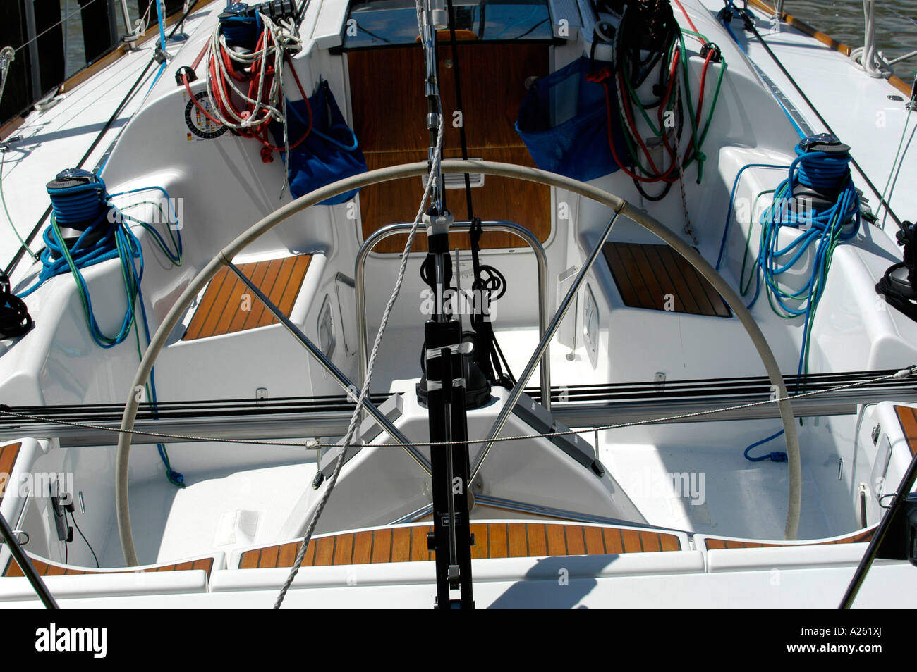 The steering wheel of a sailboat Stock Photo Alamy