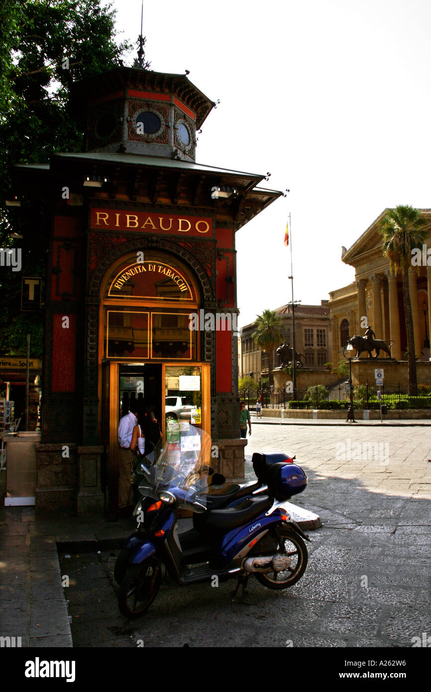 chinese on tobacco road A chinese style tobacco kiosk in front of the Teatro Massimo Opera House.  Palermo. Sicily. Italy Stock Photo