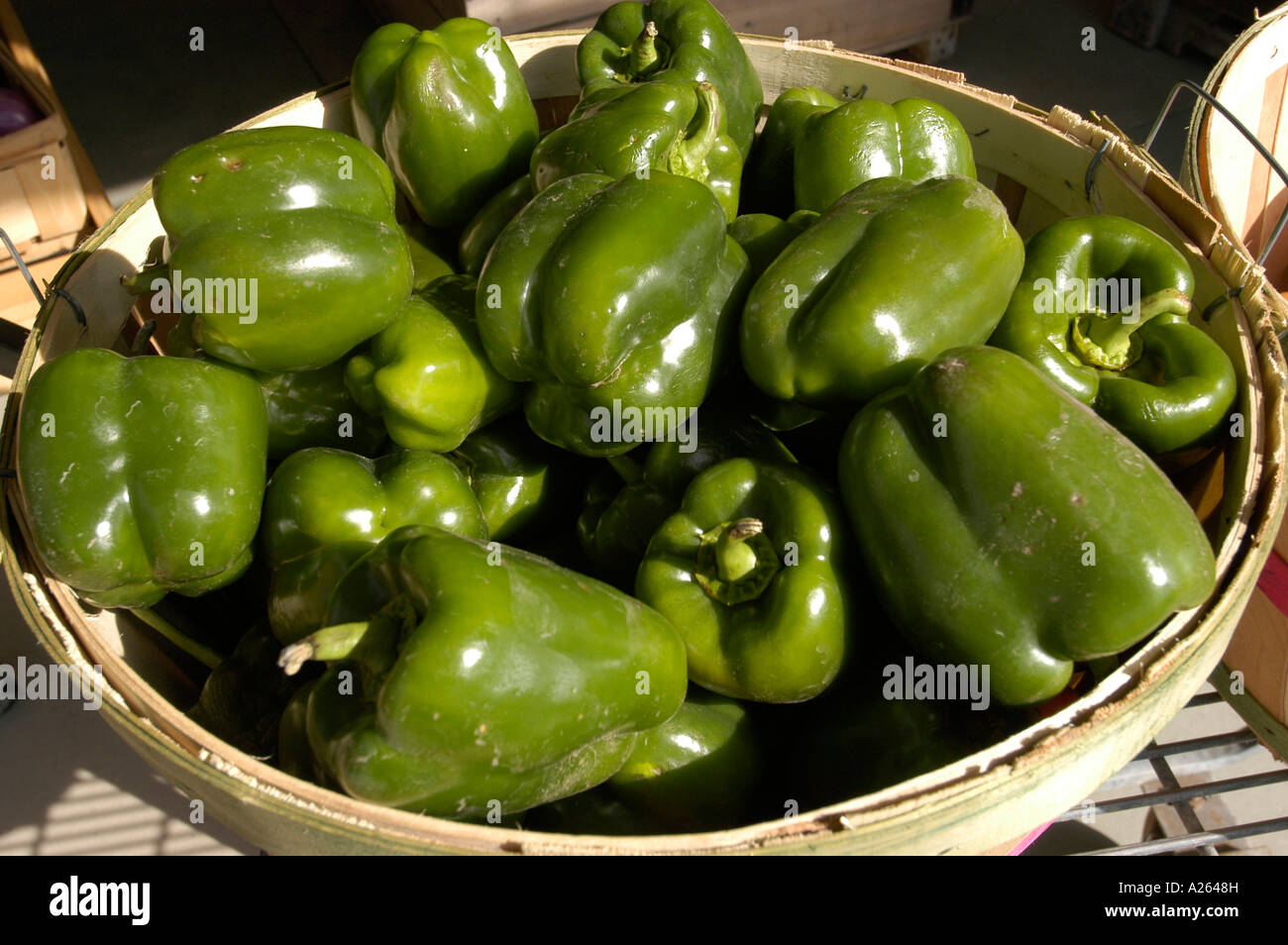 Bushel basket of green pepper Vegetables on display at Ohio roadside stand Stock Photo Alamy