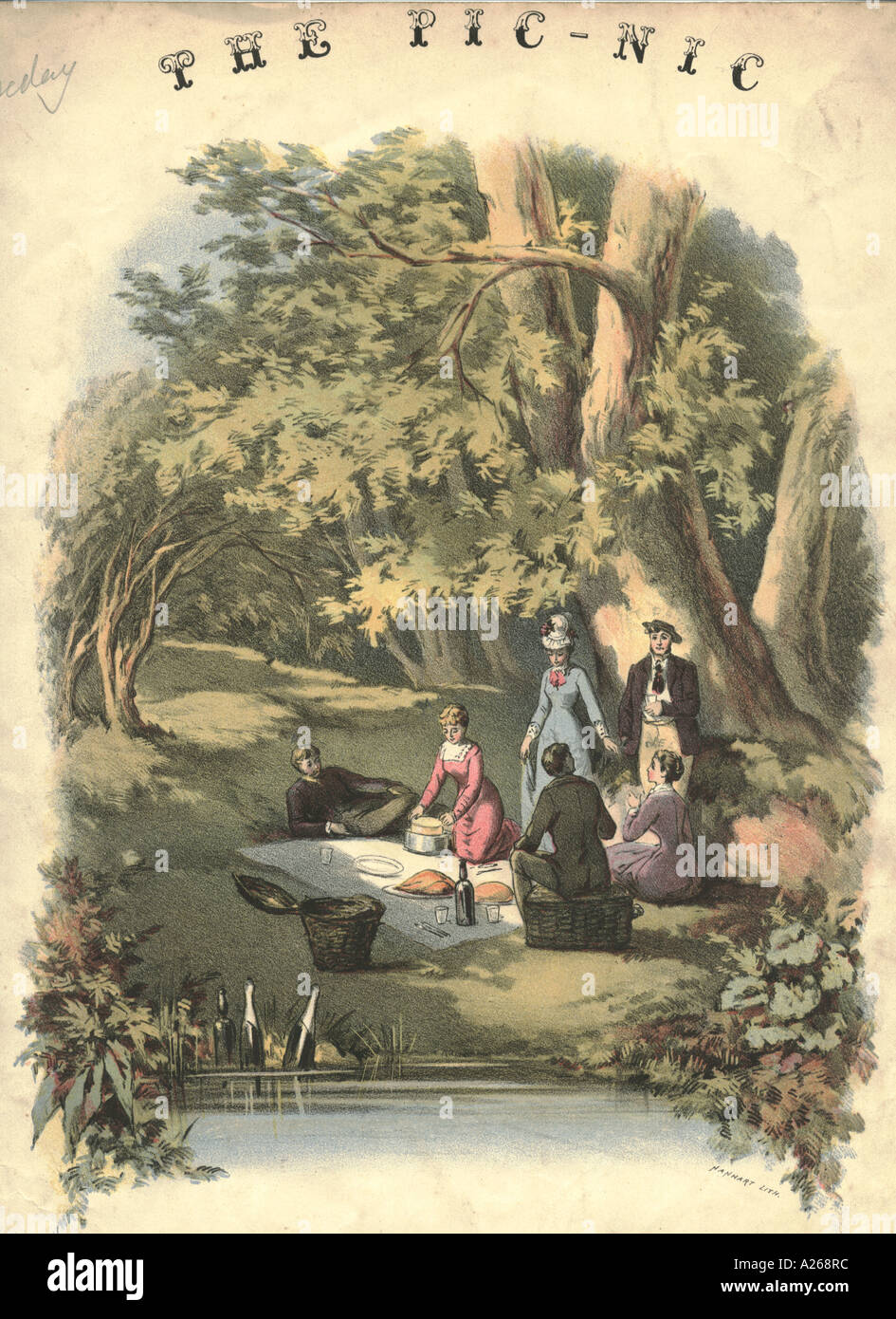 Sheet music cover The Pic Nic circa 1880 showing three young couples enjoying a picnic in idyllic woodland glade Stock Photo
