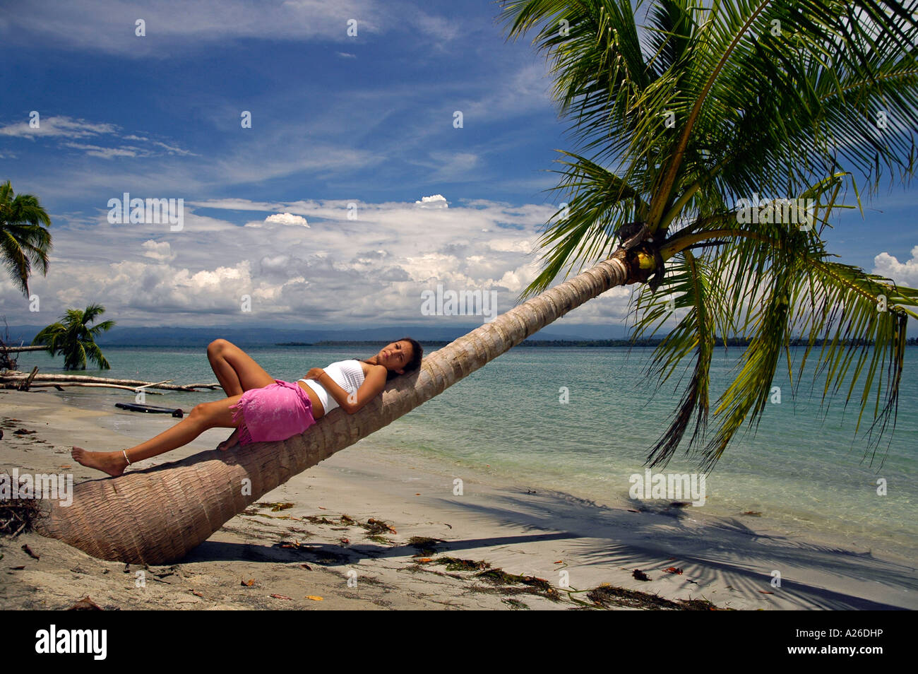 Girl on Boca del Drago beach, Playa de las Estrellas, Isla Colon, Bocas del Toro Archipelago, Panama, Central America Stock Photo