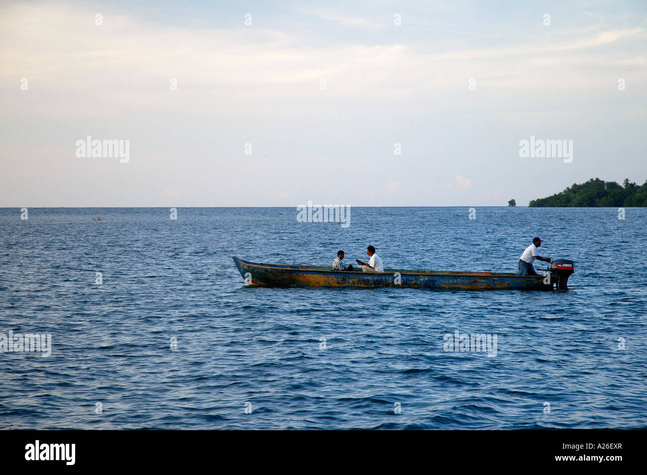 Passing boat, Bocas del Toro Archipelago, Panama, Central America Stock Photo