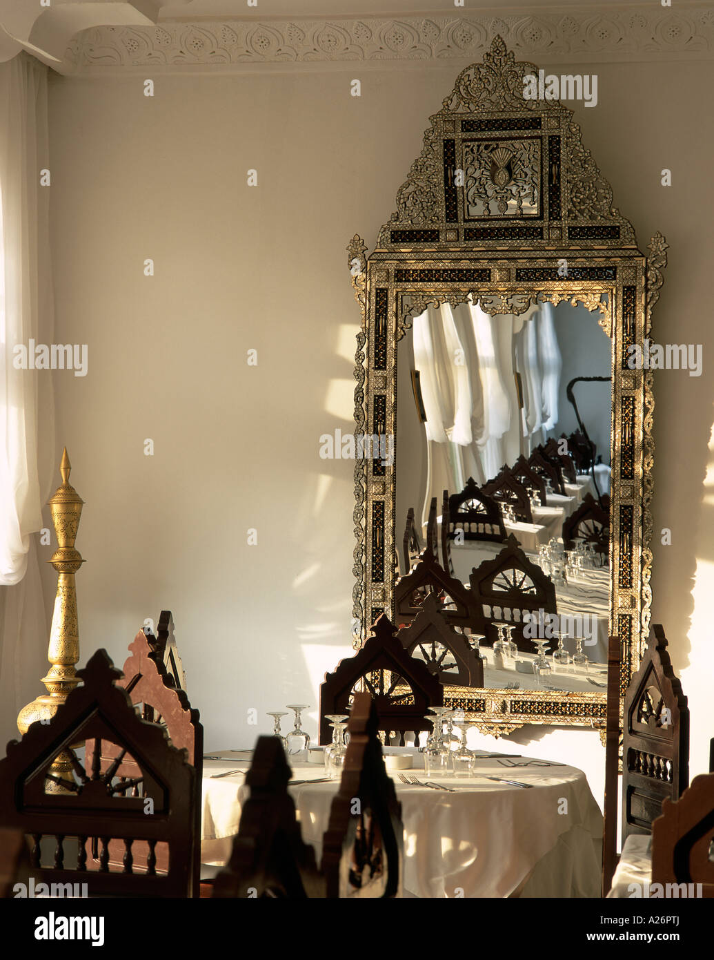 View of dining tables reflected in an antique mirror Stock Photo - Alamy