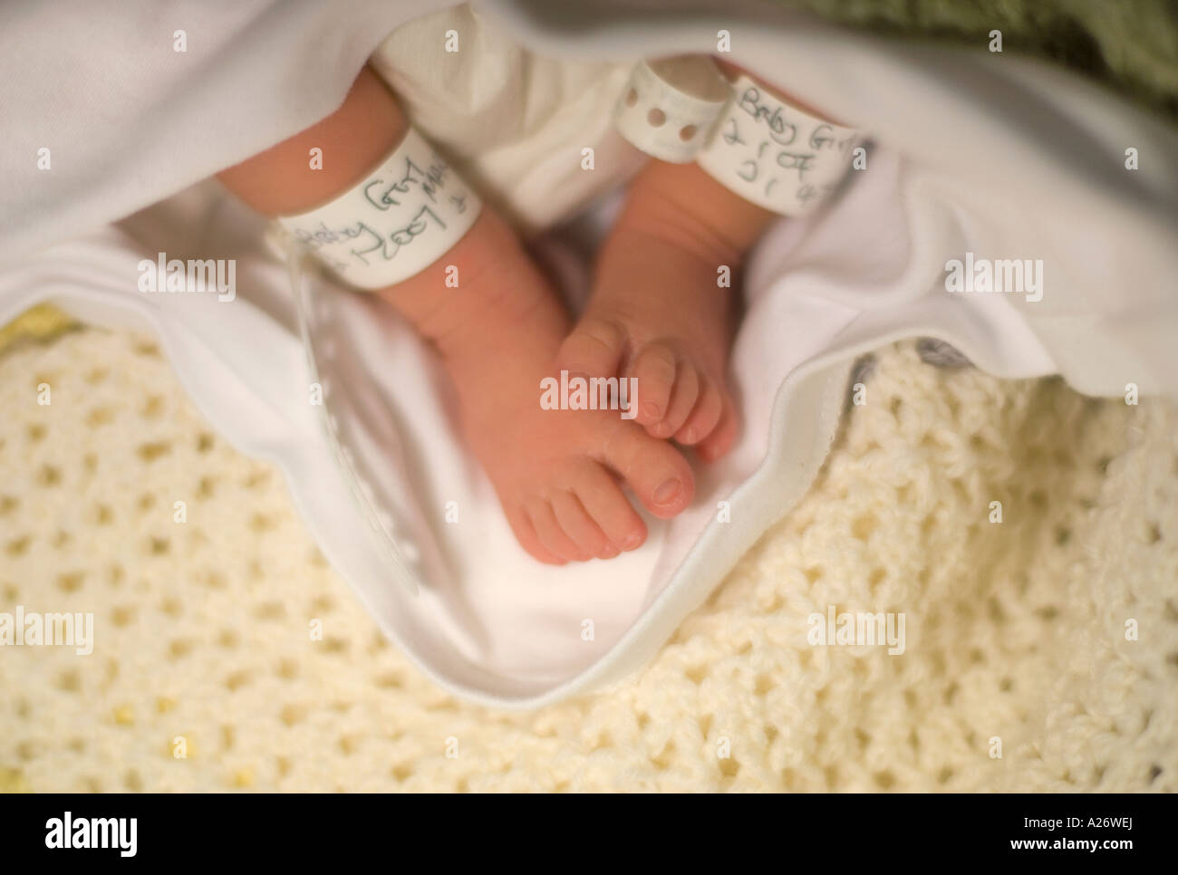 Detail of a newborn baby s feet with identification tag Postnatal