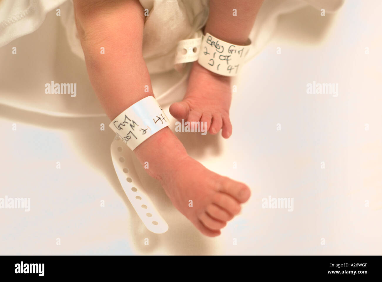 Detail of a newborn baby s feet with identification tag Postnatal labour ward Stock Photo