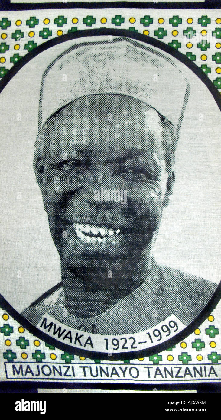 Traditional Kanga cloth printed to honour the late Tanzanian President Julius Nyerere who died in 1999 Stock Photo