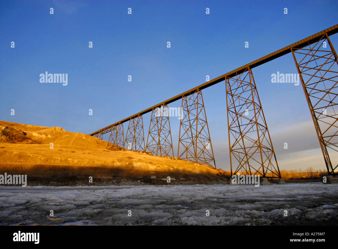High Level Train Bridge over the Old Man River in Lethbridge Alberta in early winter Historical