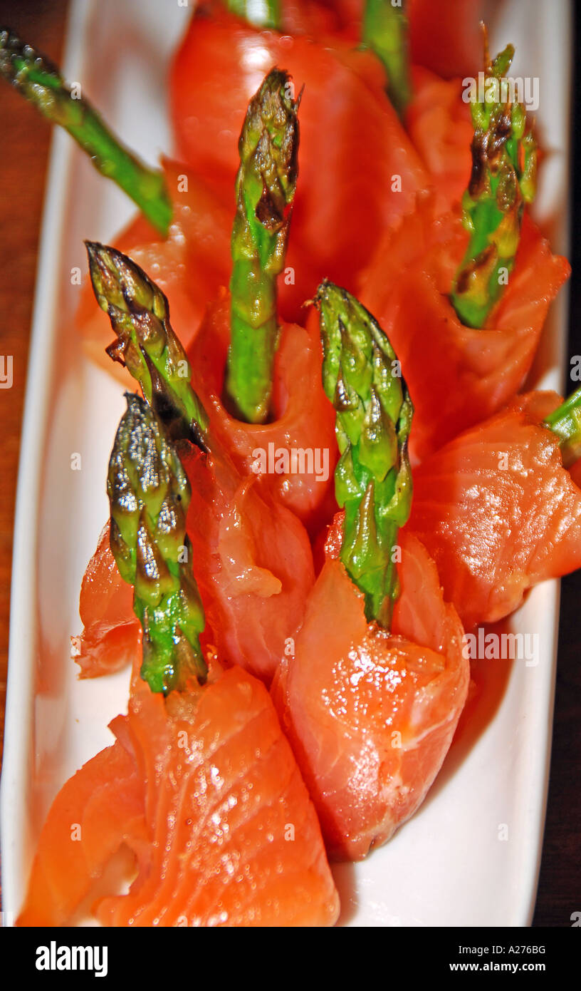 Gourmet haute cuisine hors d oeuvres smoked salmon with asparagus