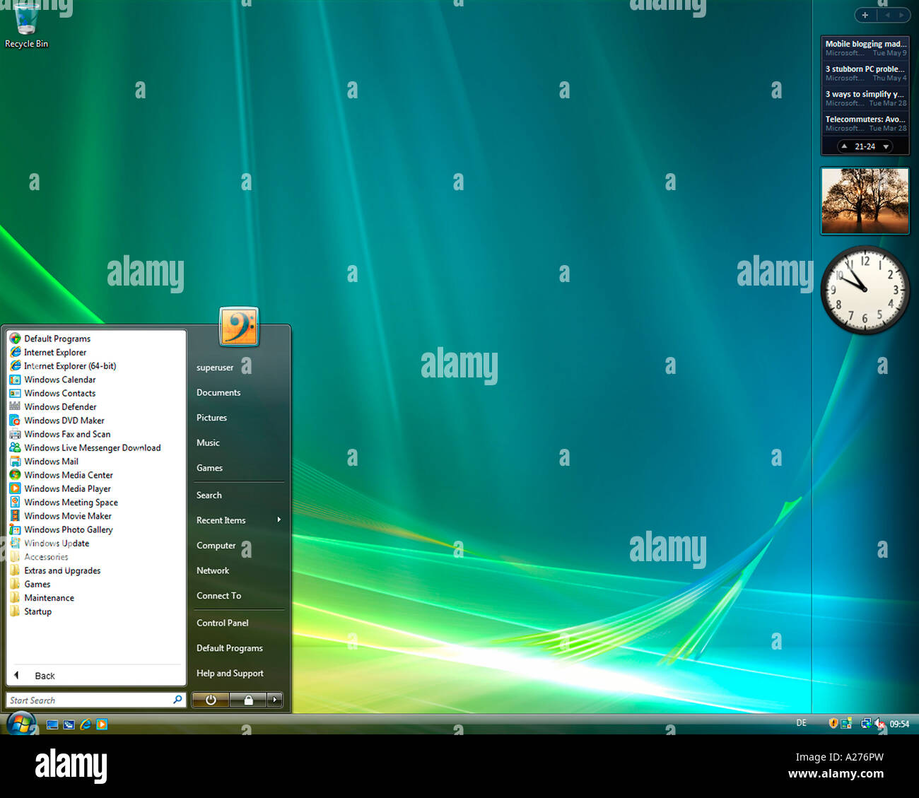 Microsoft Windows Vista, english version, desktop and start menu, screenshot Stock Photo