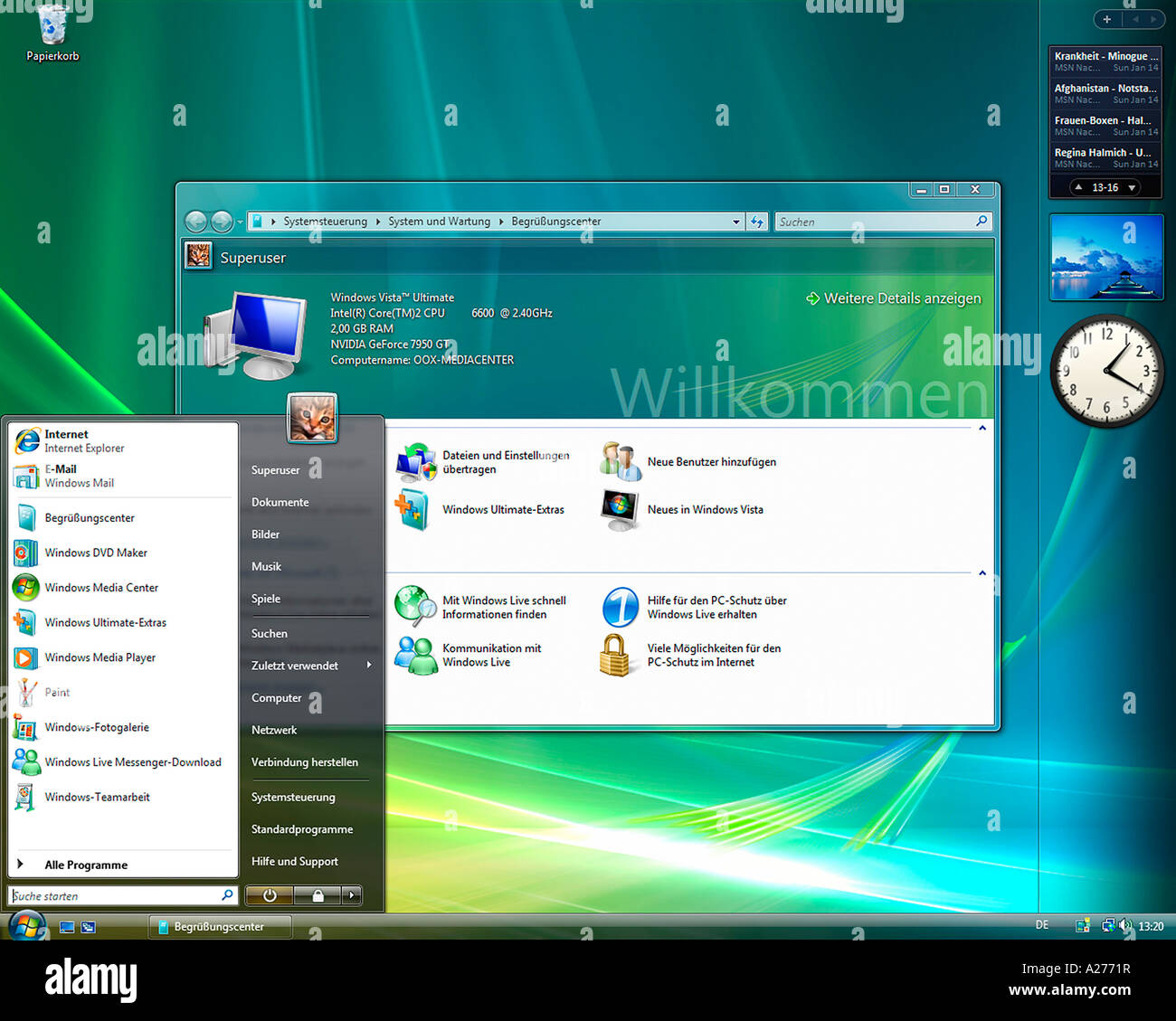 Microsoft Windows Vista, german version, desktop and start menu, screenshot Stock Photo