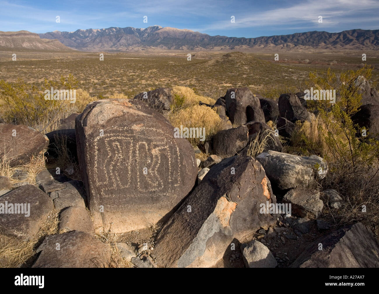 Native american petroglyphs on basalt at Three Rivers Tularosa basin