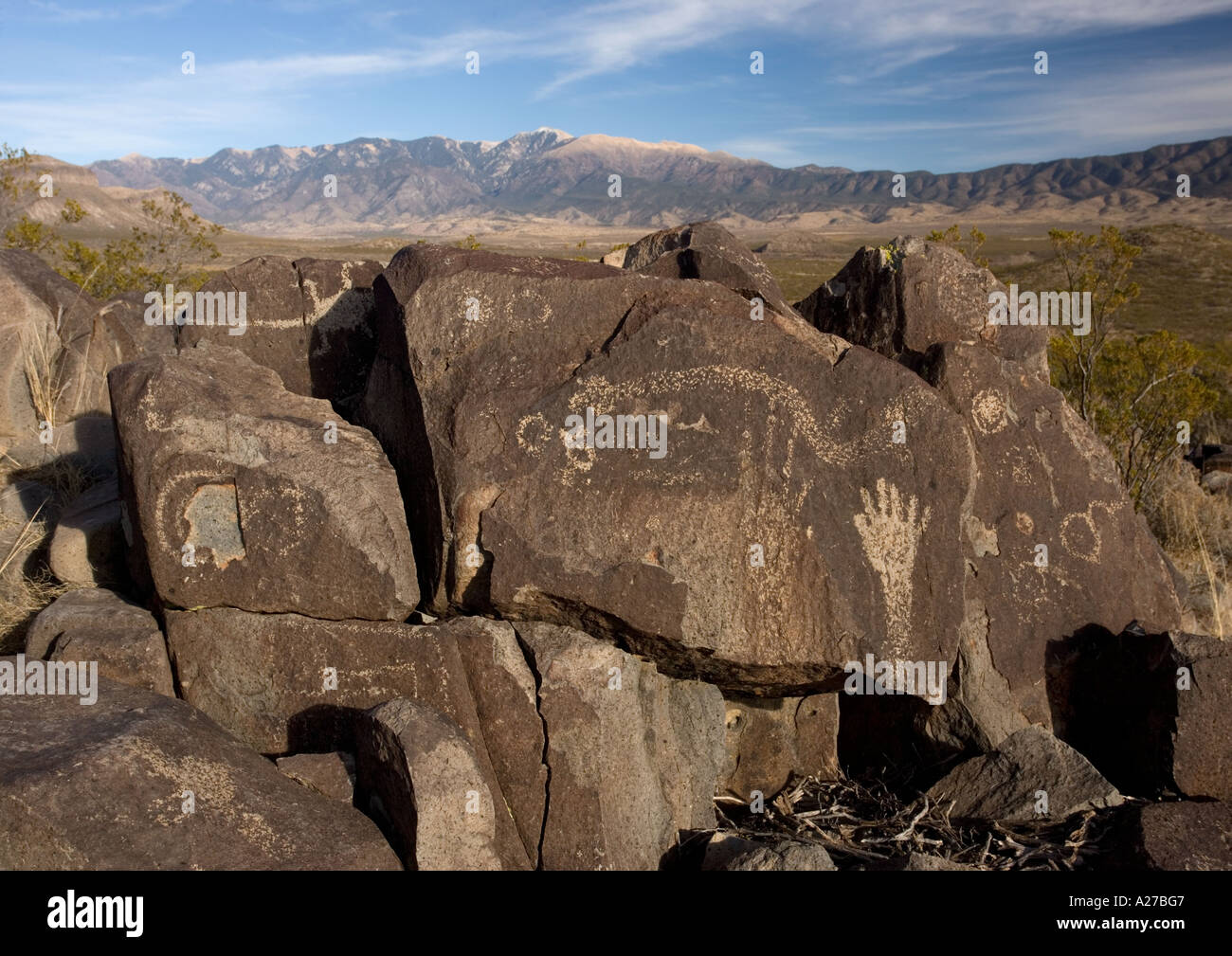 Native american petroglyphs on basalt at Three Rivers Tularosa basin Stock Photo