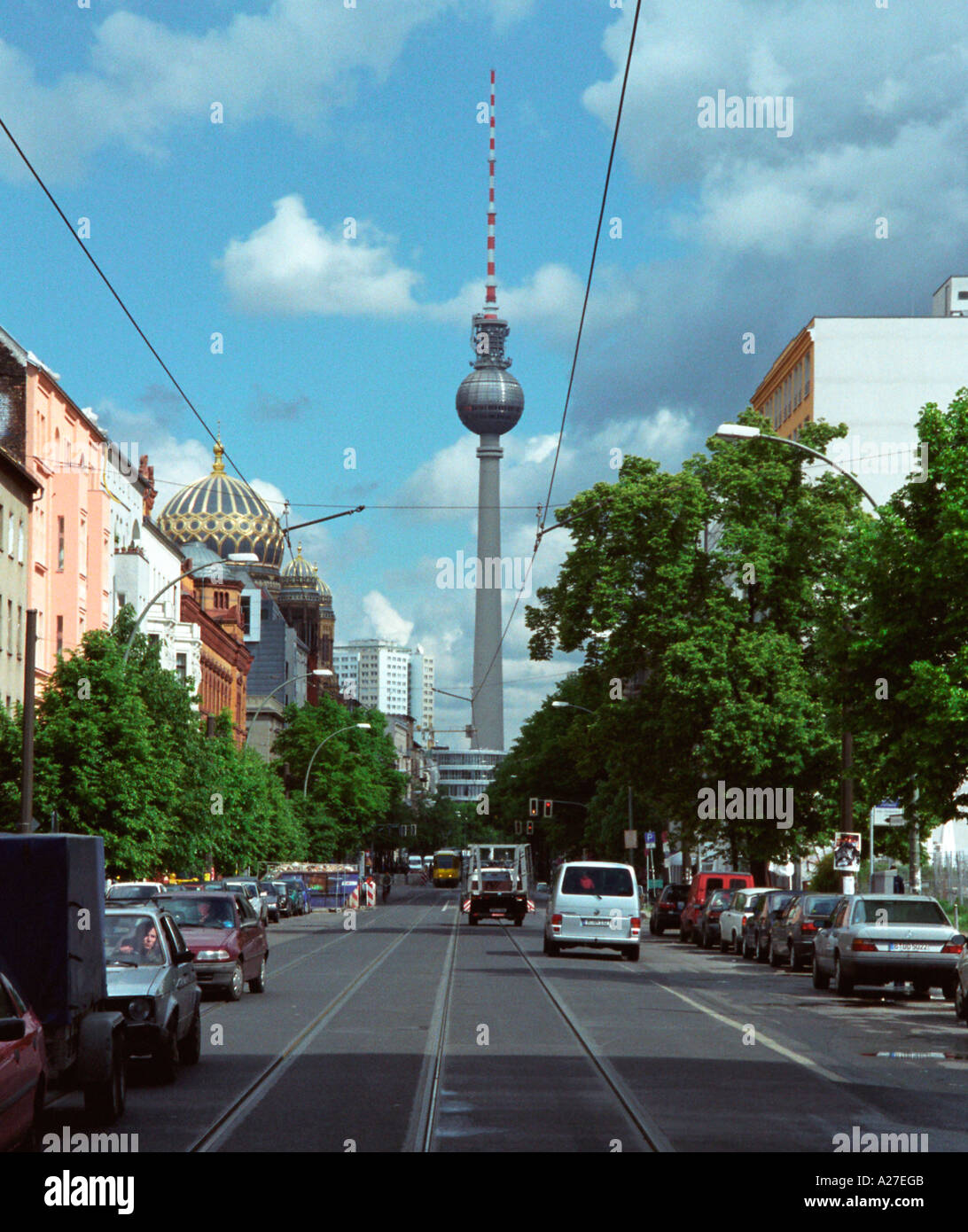 Berlin General view, from Oranienburger Strasse showing dome of Neue Synagogue and Fernsehturm TV tower Stock Photo