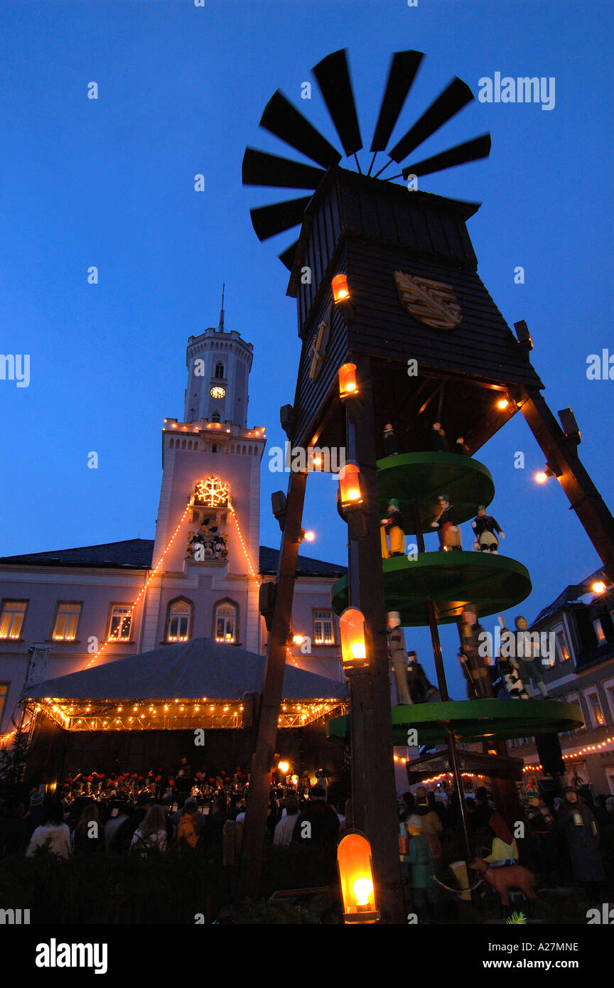 Giant Christmas pyramid rotating on German Christmas market Stock Photo