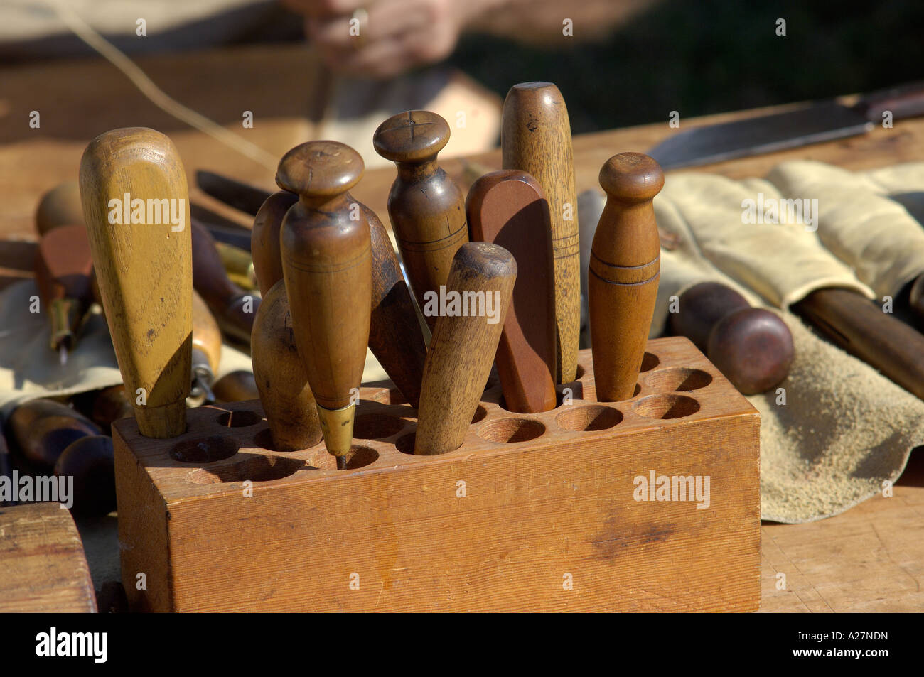 Colonial cobbler tools displayed at a reenactment at Yorktown battlefield Virginia. Digital photograph Stock Photo