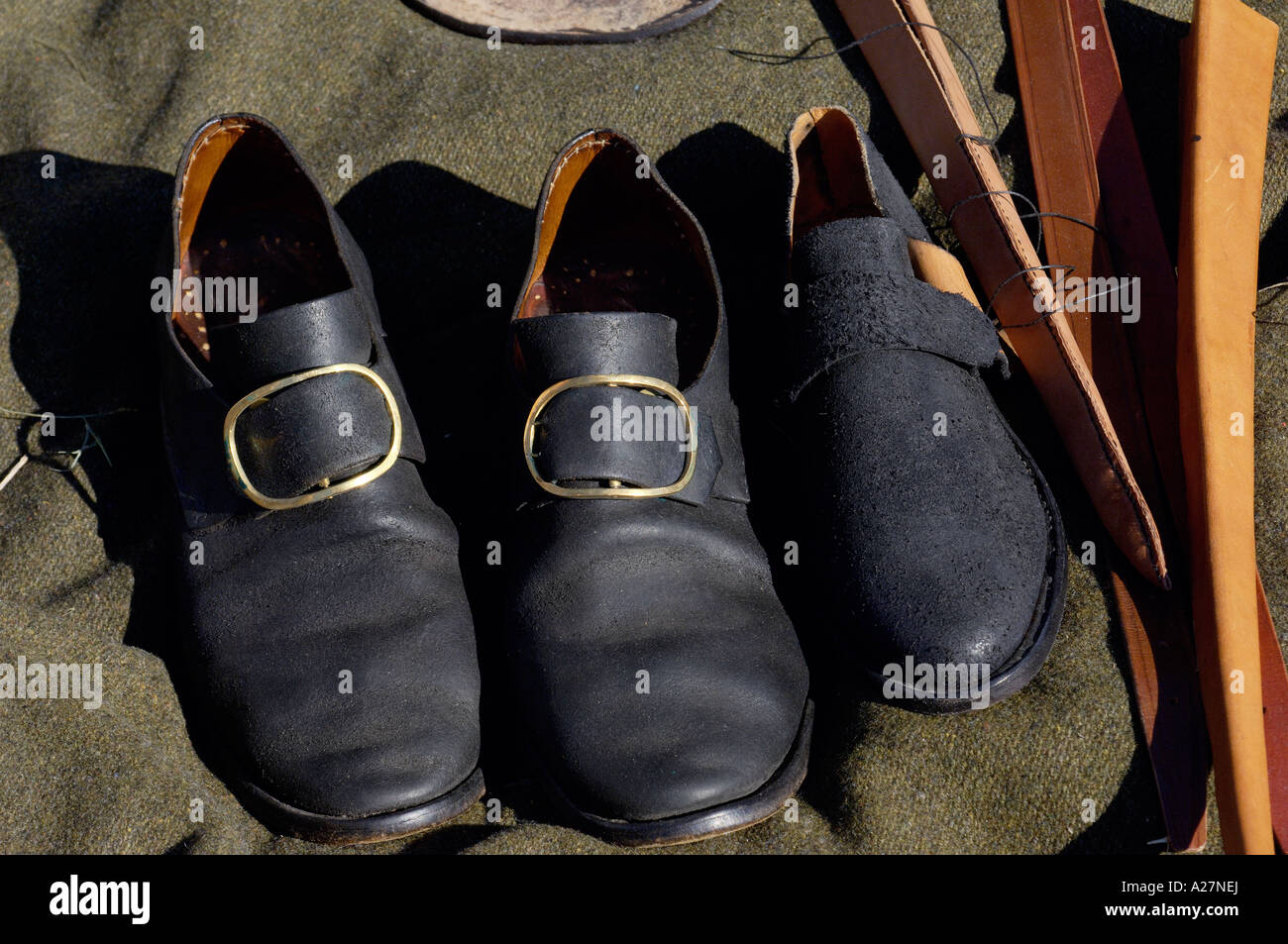 Shoes handmade by a cobbler reenactor at Yorktown battlefield Virginia. Digital photograph Stock Photo