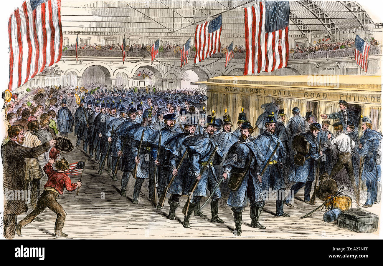 Sixth Massachusetts Regiment leaving Jersey City by train for Civil War service 1861. Hand-colored woodcut Stock Photo