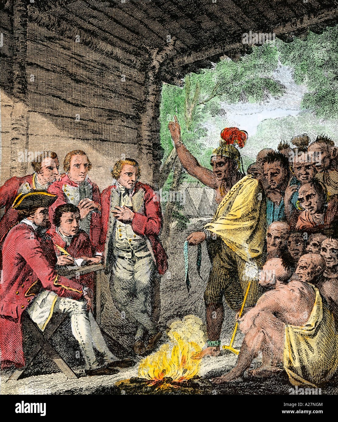 British General Henry Bouquet meeting with Native Americans during Pontiacs War 1763. Hand-colored halftone of an illustration Stock Photo
