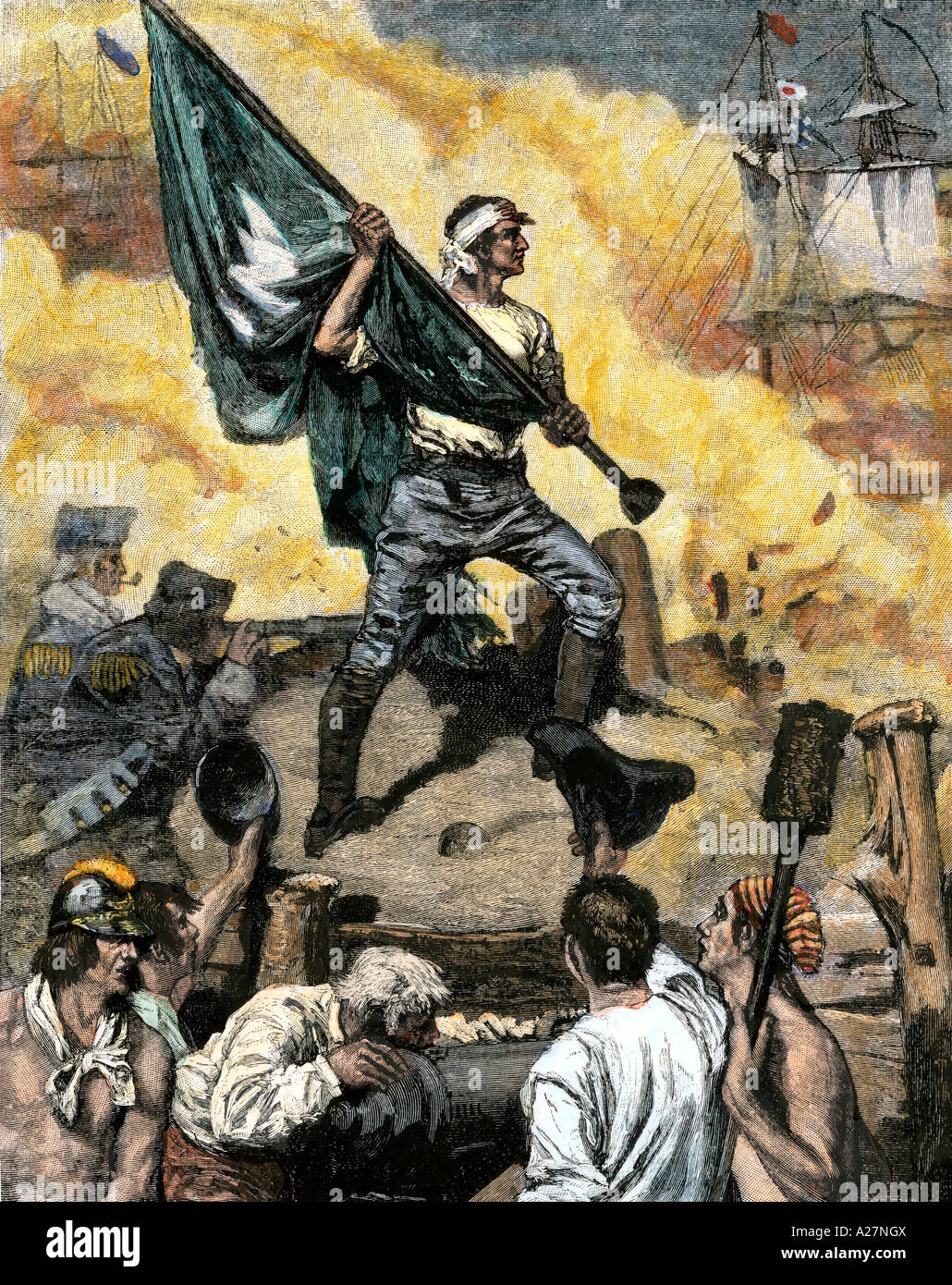 Sergeant William Jasper with the South Carolina flag at the Battle of Fort Moultrie American Revolution 1776. Hand-colored woodcut Stock Photo