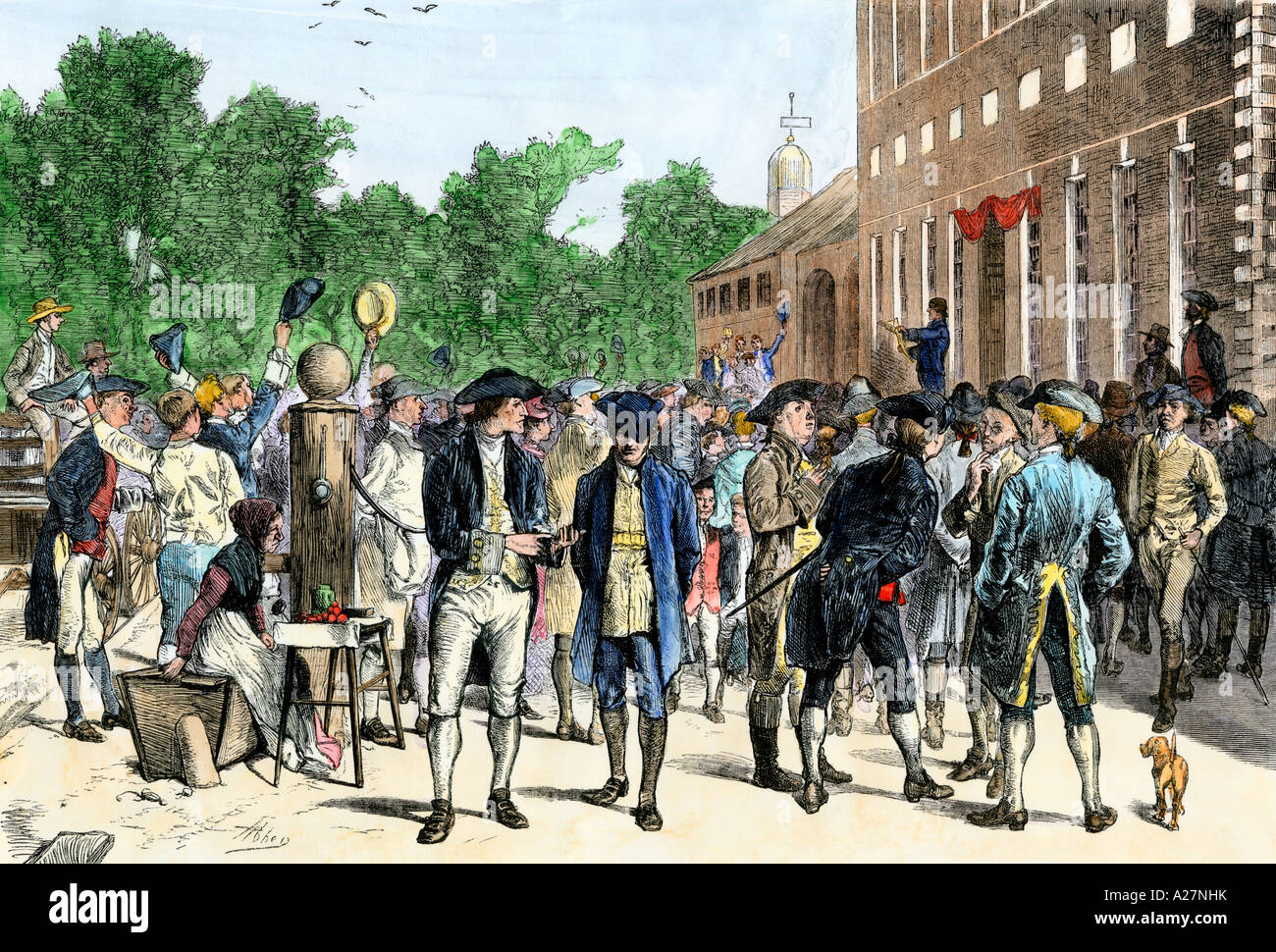 Crowds outside Independence Hall hearing John Nixon read the Declaration of Independence July 4 1776. Hand-colored woodcut Stock Photo