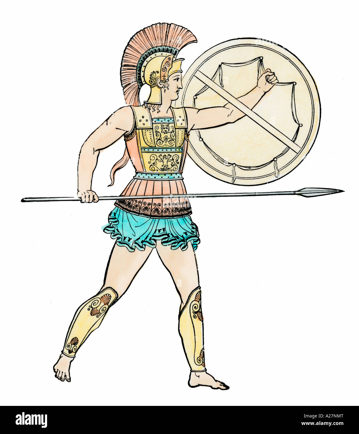 Warrior of ancient Greece. Hand-colored woodcut Stock Photo