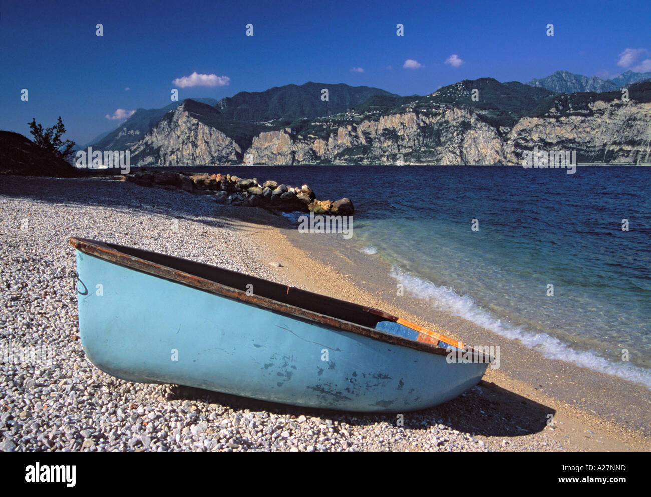 Boat on the edge of Lake Garda, Malcesine, Italy Stock Photo