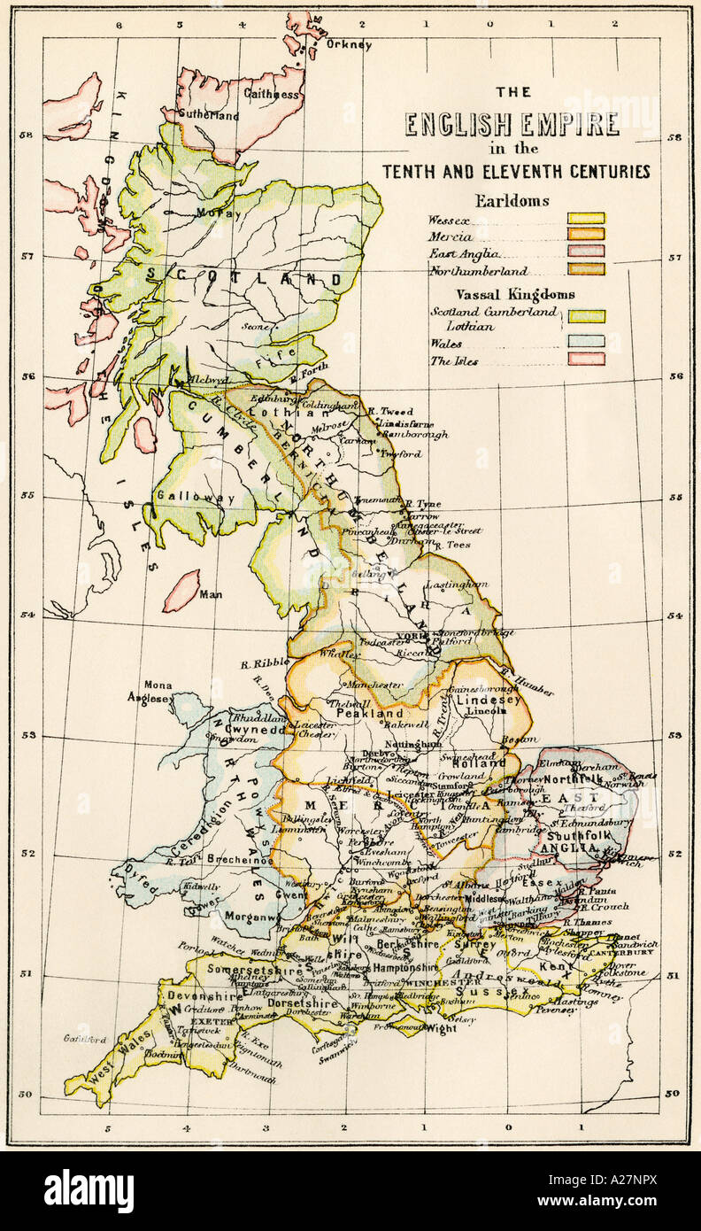 Map of England in the 10th and 11th centuries showing earldoms and vassal kingdoms. Color lithograph Stock Photo