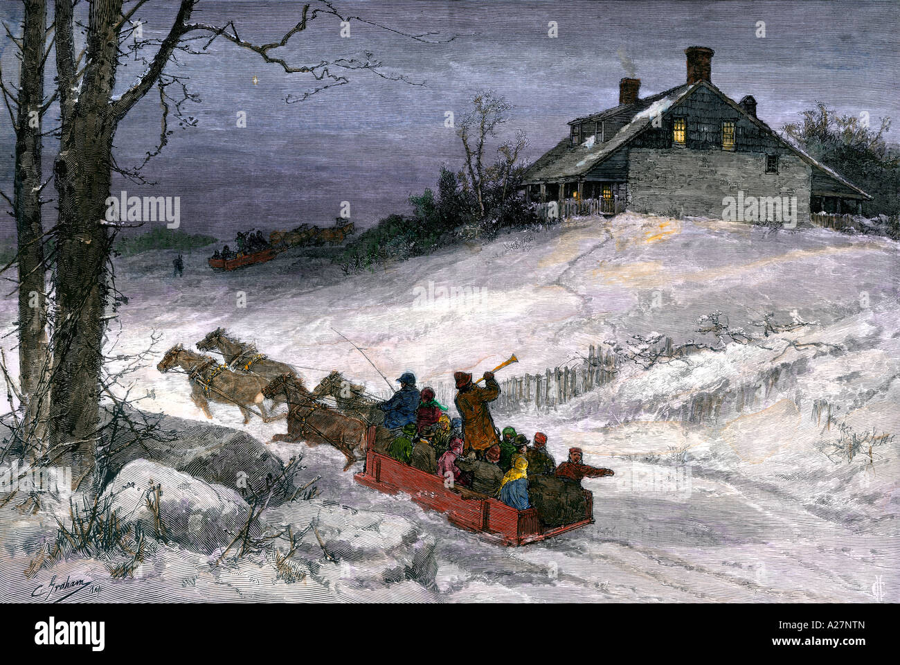 Neighbors celebrating Christmas Eve with a sleigh ride, 1880s. Hand-colored woodcut Stock Photo