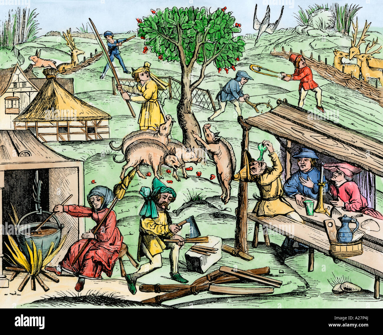 Medieval country life. Hand-colored woodcut Stock Photo