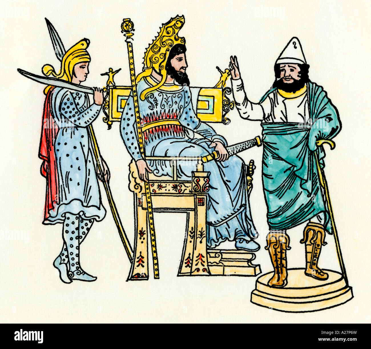 Xerxes the Great, king of ancient Persia on his throne. Hand-colored woodcut Stock Photo
